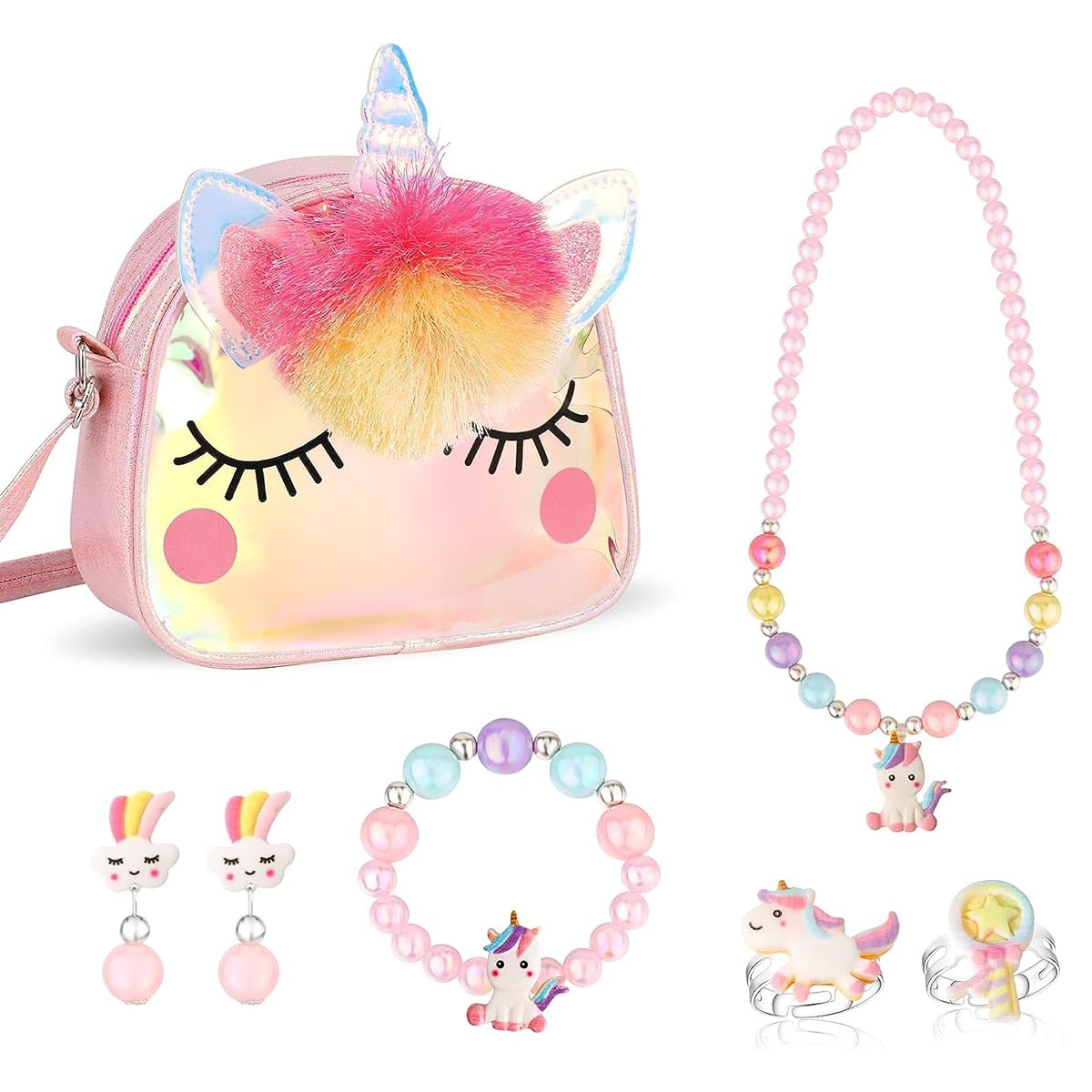 SANNIDHI Unicorn Bag with Jewelry Set for Girls, Unicorn Princess Plush Crossbody Purse Beads Necklace Bracelet Earrings Rings Set, Kids Jewellery Party Dress up Gift SANNIDHI Unicorn Bag with Jewelry Set for Girls, Unicorn Princess Plush Crossbody Purse Beads Necklace Bracelet Earrings Rings Set, Kids Jewellery Party Dress up Gift
